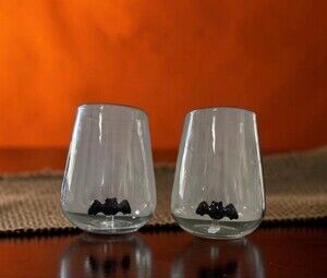 Stemless Wine Glass Set of 2 with Black Bat Figurine Inside Base